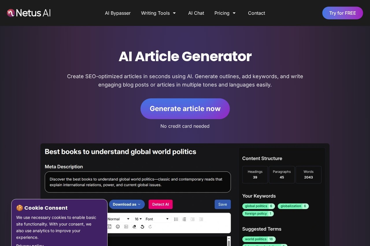 Netus AI Article Generator screenshot