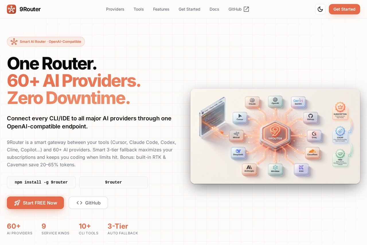 9Router - Free AI Router | Smart Fallback for Claude, Codex 智能路由