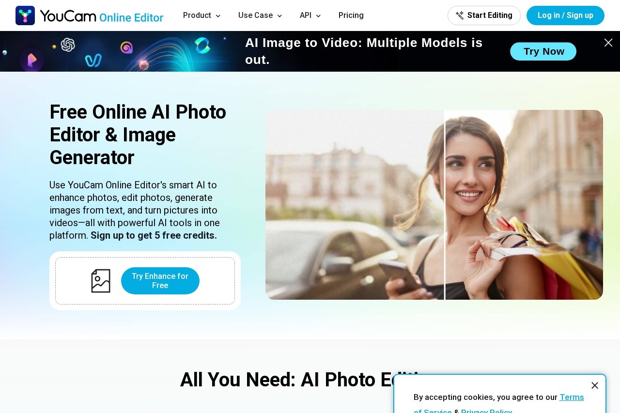 Best Free AI Photo Editor & Video Generator Online | YouCam 截图